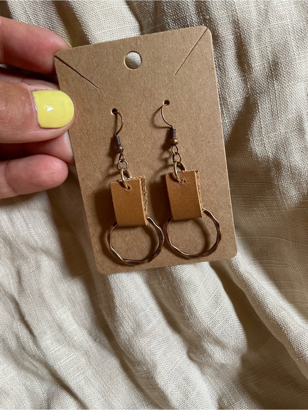 One of a Kind Minimalist Tan Leather & Bronze Hoop Drop Earrings - Women Jewelry